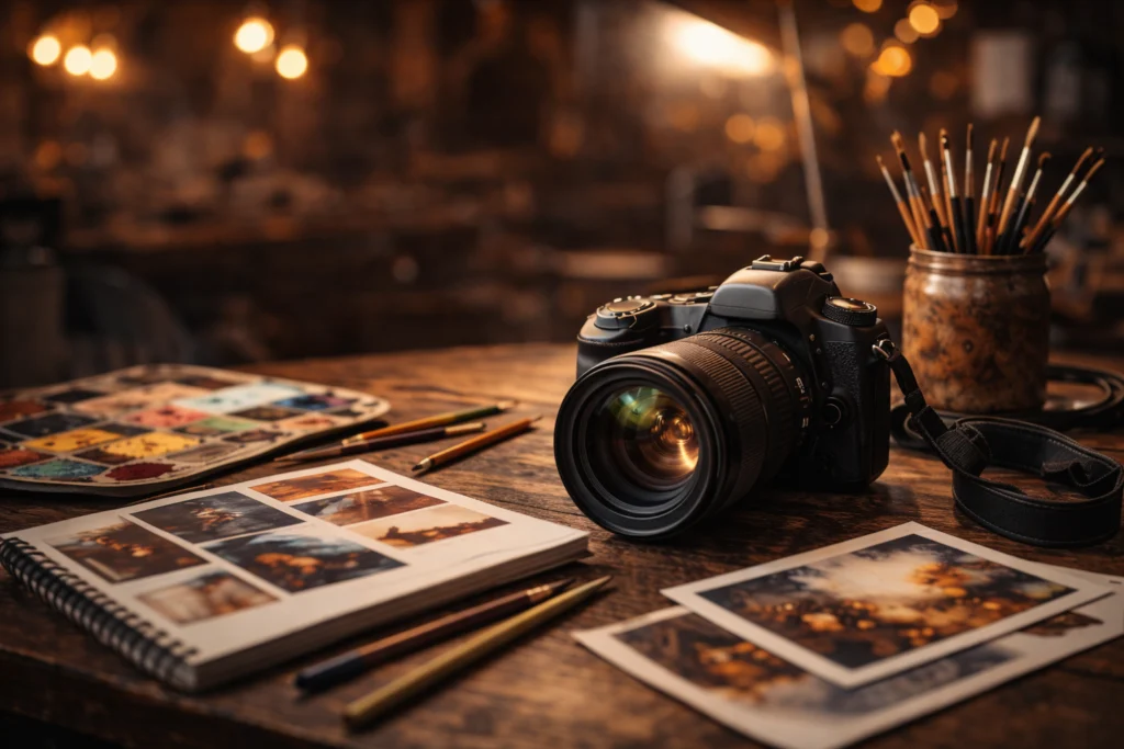Cámara y copias fotográficas impresas sobre una mesa