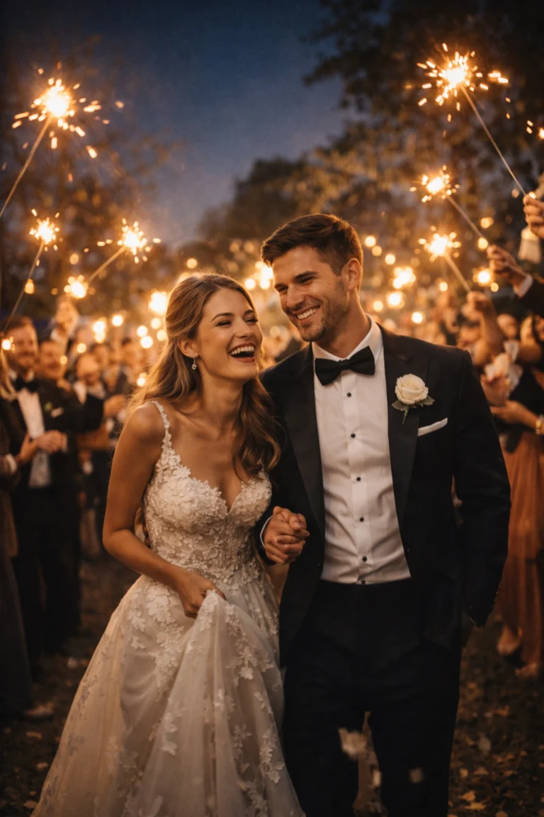Novios celebrando bajo guirnaldas de luces