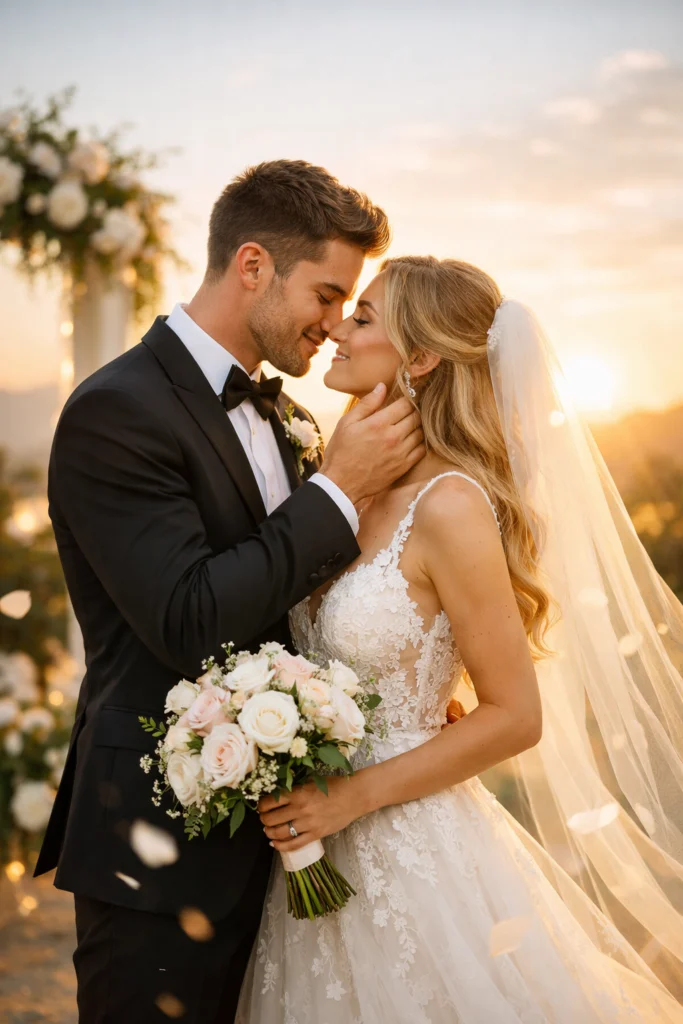 Pareja de novios abrazados al atardecer